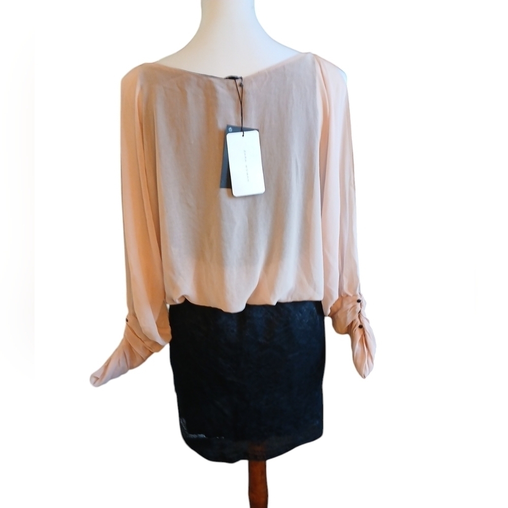 ZARA Bicolor Mini Dress Black Skirt and Blush Pink Sheer Blouse Outfit sz Medium